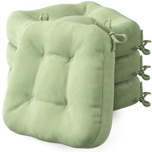 Codi Stuhlkissen 40 x 40 cm, 4er-Set, 8 cm dick, Sitzkissen Outdoor | Salbeigrün, Memory-Foam-Füllung, wasserabweisender Bezug, rutschfester Halt mit Bindebändern, für Gartenstühle und Balkon