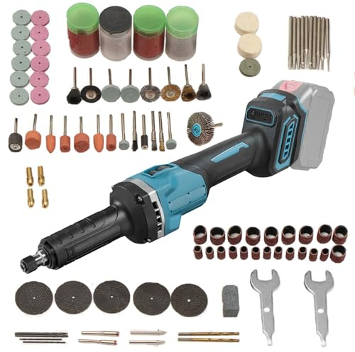 Akku Geradschleifer mit 147 Zubehörteilen, kompatibel mit Makita 18–21V Akkus, Bürstenloser Multifunktions-Stabschleifer, 4 Geschwindigkeiten, geeignet für 3 mm & 6 mm Spannzangen (Kein Akku)