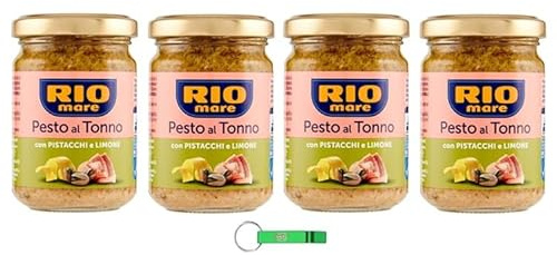 4 x Rio Mare Pesto al Tonno con Pistacchi e Limone, salsa di tonno con pistacchi e limone 130 g + portachiavi Beni Culinari gratuito