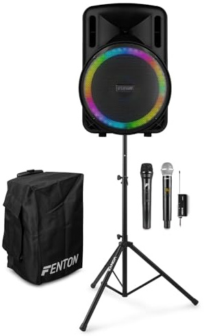 Fenton FT15LED MK2 Portable PA System with Dual Wireless Microphones, Custom Cover & Stand, 15 Speaker, Bluetooth, Battery Powered, Karaoke Party & Event Audio Kit