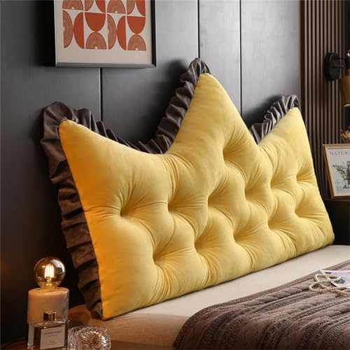 YongXinMY Großes Kopfteilkissen – weiche Plüsch-Kronenform, Bett-Rückenlehne mit elastischem Band, Kissen für Zuhause, Schlafzimmer, Dekoration, Entspannen, Sitzen im Bett, Lesestütze (179,8 cm, Gelb)