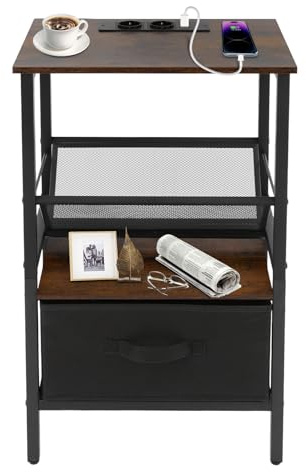 Sängbord med laddningsstation litet sidobord modernt nattduksbord med USB-portar och uttag 2 uttag 2 USB-portar laddningsstation för sovrum vardagsrum 44 x 32 x 76 cm svart valnöt