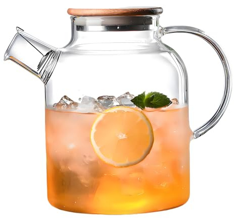 Glass Pitcher with with Bamboo Lid and Handle,Borosilicate Cold Hot Water Carafe Jug for Beverages Wine,Coffee,Milk,Juice Iced,Tea,Dishwasher Safe (1500ML)