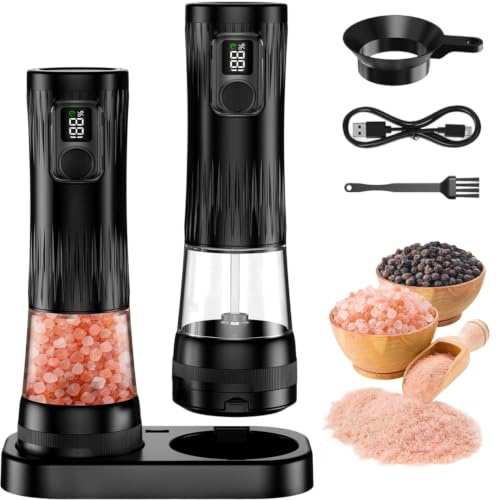 2Pcs Electric Pepper and Salt Mill Set, with Battery Display and LED Light | Rechargeable Pepper Grinder Mills 100ml Larger Capacity Adjustable Coarseness Spice Grinder for Kitchen Picnic