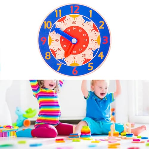 Syrisora Kognitive Uhr aus Holz, Lernspielzeug für Zum Lernen der Zeit mit Farbenfrohem Design, Lehrmittel für 4 Bis 6 Jahre (Blaue Uhr)