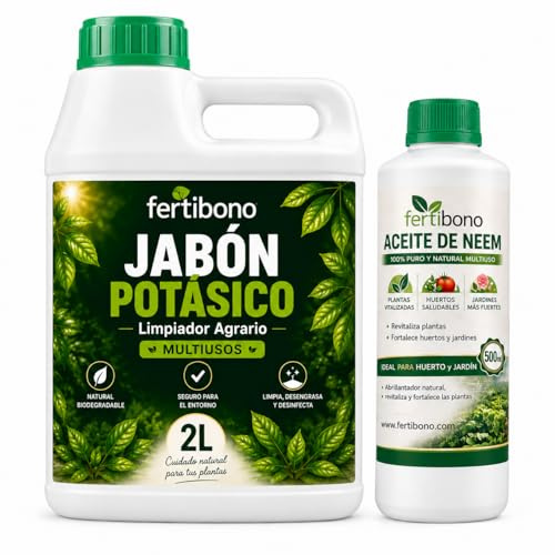 FERTIBONO FLORANIM Multiuso - Jabón Potásico 2L + Aceite de Neem 500 ml para Plantas, Huerto y Jardín - Pack Concentrado para Diluir en Agua y Pulverizar