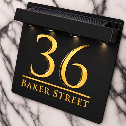K Smart Sign | Bellissima S1 LED F32 | Square Solar Light House Signs Door Number Plaques With LED Personalised Name Address Sign For Wall With Classic Text (Matt Black & Gold Mirror)