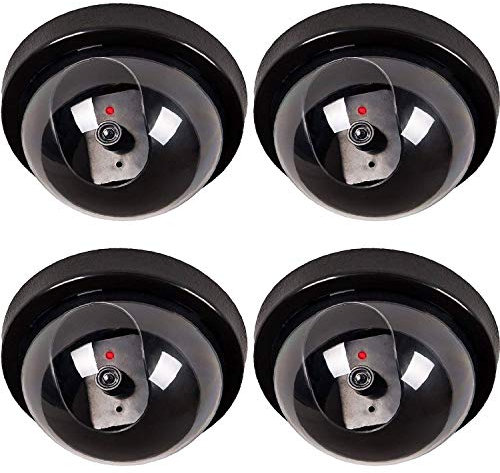 WALI Dummy Fake Security CCTV Dome Camera with Flashing Red LED Light with Security Alert Sticker Decals for Home Security, 4 Packs, Black (SD-4)