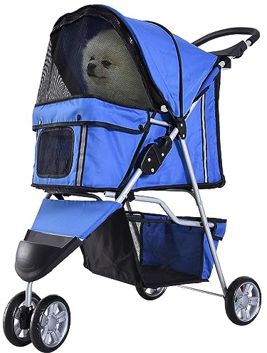 PawHut Passeggino per Cani Pieghevole Carrello per Animali Domestici Carrello Carrozzina Blu 75 x 45 x 97cm