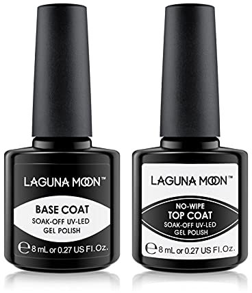 LagunaMoon Gel Nail Polish Base Coat and No Wipe Top Coat Gel Polish Set Soak Off UV LED Nail Varnish Lacquer Manicure Set 2 × 8ml