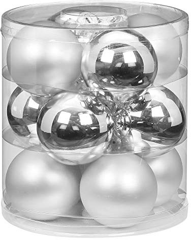 Weihnachtskugeln Glas 8cm 12 STK. Christbaumkugeln Farbe: Silber Glanz/weiß matt