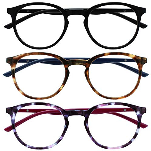 OPULIZE MET Blaulichtfilter Lesebrille für Damen Herren - 3er-Pack - Runder Brille - Blendfreie UV400-Schutz - Federscharniere - Anti-Müdigkeit - Schwarz Braun Lila Schildpatt +1.50