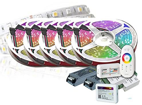 25M PREMIUM 24V RGB+WW RGBW LED Streifen Band Strip 5050 SMD RGB+Warmweiss LED Lichtleiste 1500LEDs 60LED's/M+WLAN WiFi MiLight control Smartphone +Netzteil ULTRA SLIM STROMVERSORGUNG - Sicher