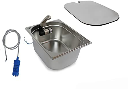 Edelstahl Spülbecken Camping Spüle Waschbecken + Ablauf + 12v Tauchpumpe + Spülbeckenabdeckung passend 325x265x150 mm Barwig Wasserhahn integriert (ad-ideen)