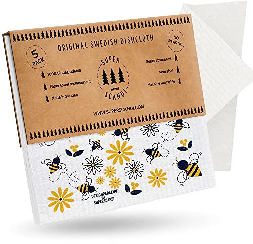 SUPERSCANDI 5 Pack Reusable Cleaning Cloths - 100% Biodegradable & Compostable | Washable Swedish Dishcloth - Food-Safe & Plastic-Free | Kitchen Cloth Suitable for Any Surface, Bees