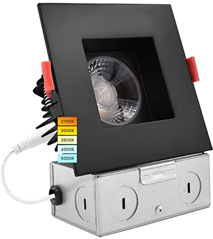 LUXRITE 4 Inch Square LED Recessed Lighting with Junction Box, 15W, 5 Color Selectable 2700K-5000K, 1100 Lumens, 40° Spotlight, Dimmable Downlight, Wet Rated, IC Rated - Black Trim