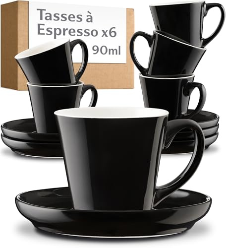 Cosumy Espressotassen Set 6er Schwarz mit Untertassen - Keramik - Hält Lange Warm - Mokkatassen Stapelbar Spülmaschinenfest - Espresso Tassen mit Henkel - Geschenkbox - Espressobecher Design - 70ml