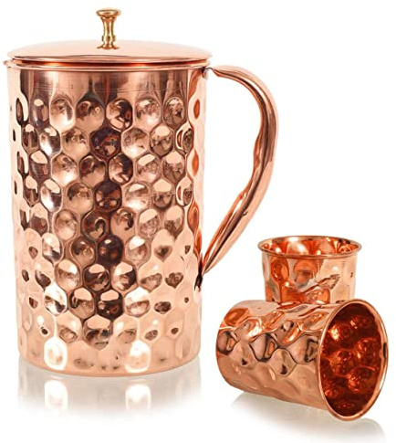 Pichet en cuivre de 1,5 litre avec 2 pichets d'eau en verre en cuivre pour la guérison ayurvédique sans doublure intérieure, carafe ayurveda pour eau potable, Moscow Mule, cocktail (design 01)