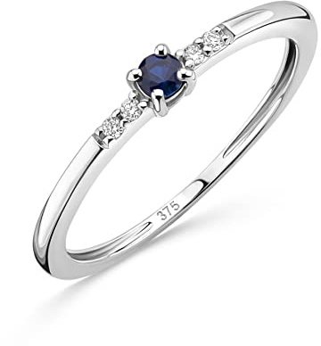 Orovi Schmuck Damen 0.02 Ct Diamant Verlobungsring Weißgold mit Edelstein/Geburtsstein natürlicher runder blauer Saphir umgeben von 4 Diamanten Brillanten Ring aus 9 Karat (375) Gold