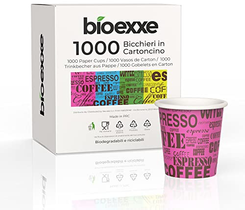 bioexxe Bicchierini Caffè Carta 1000Pz da 75ml - Bicchieri Caffe Biodegradabili da 75ml - Bicchieri Caffe Carta Resiste a Bevande Fino ai 85°/90°- Monouso Ecologici Bio colore Rainbow