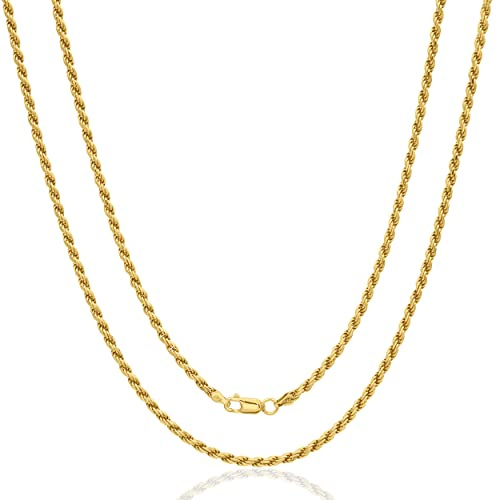 AKA Gioielli® - Kordelkette 3 mm 18K Gold Vergoldet 925 Silber - Herren Damen Halskette Längen: 45 50 55 60 cm