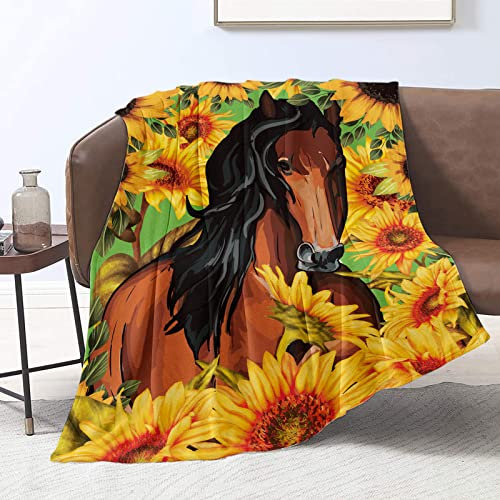 Domgoge Pferdedecke Flanell Fleecedecke Pferd Decke Sonnenblumen Blumen Kuscheldecke für Erwachsene Frauen Flauschig Tier Decken für Sofa Couch, 150cm x 200cm