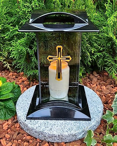 Lampada da tomba con motivo croce oro – candela funeraria candela funeraria 27 cm H. decorazione funeraria nuovo modello con candela senza base.