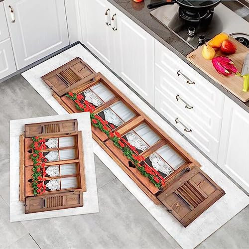 2 Stück Küchenmatte Waschbar rutschfest Küchenmatte,Fensterläden Dekor, Print von alten europäischen Fenstern mit Fensterläden ,Teppiche Mit Staubdicht Für Küche Wohnzimmer, Esszimmer (45x70+45x120cm)