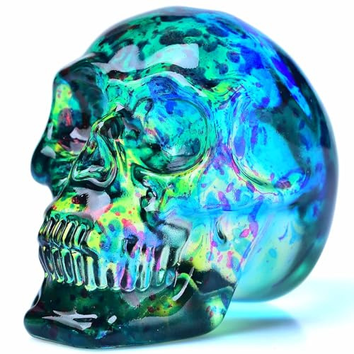 FZBHRO Crystal Skull Head Statue - Glass Skull Figurine, Gemstone Halloween Decor, Green Yellow, 2.8