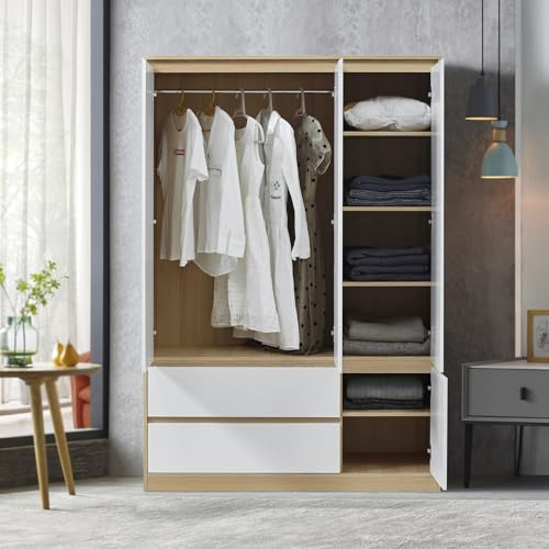 [en.casa] Armadio per Guardaroba Armadio per Camera da Letto Armadio Chiuso con Ante Bianche 6 Scomparti Laterali Asta Appendiabiti 2 Cassetti 176 x 120 x 52 cm MDF, Effetto Rovere