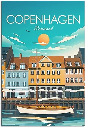 cgltd Leinwand-Poster Dänemark Kopenhagen Nyhavn Boot Vintage Reiseposter Dekorative Drucke Wandmalerei Raumdekoration Leinwand Ungerahmt 40x60cm