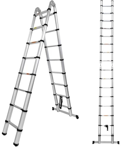 Échelle télescopique en aluminium avec pieds antidérapants et barre stabilisatrice, 5 m en ligne droite et 2,5 m en A, capacité maximale de 150 kg, pour la décoration et le nettoyage