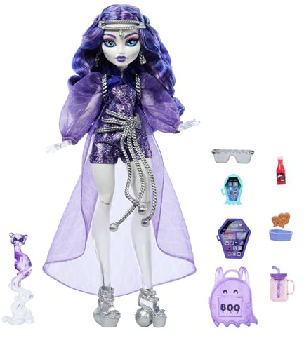 Monster High Spectra Vondergeist Doll with Pet Ferret Rhuen and Accessories Like Backpack, Tablet, Snacks and More