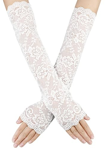 Women's Long Lace Fingerless Gloves - Elbow Length Floral Arm Sleeves for Tea Party (White)