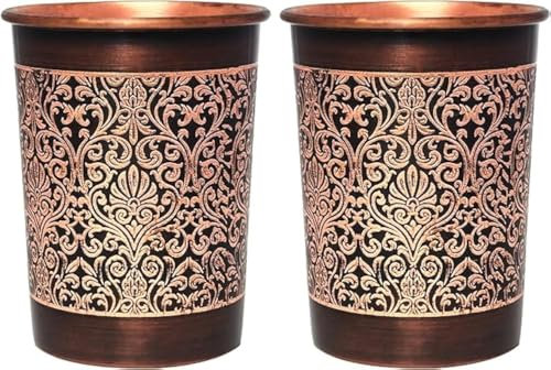ANCIENTIMPEX Lot de 2 gobelets en cuivre à motif floral, capacité de 300 ml pour les bienfaits ayurvédiques pour la santé