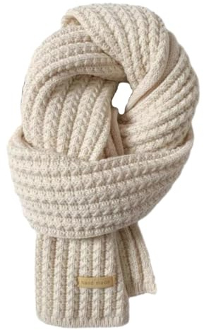 Winter Woolen Knitted Scarf Fashion Women Scarves Female Vintage Solid Colour Neckwear Soft Warm Pashmina Thickened Wool Student Shawl Unisex Scarf (Beige)