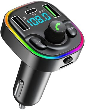 Bluetooth 5.4 FM Transmitter Car Adapter - Car Bluetooth Adapter with Fast Charger[PD 30W & QC3.0 18W],Hi-Fi Audio & Clear Calls,7 Colors LED Backlit