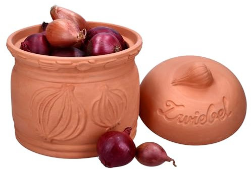 MamboCat Terra - Vaso per cipolle in terracotta, Ø 17,8 cm, con coperchio per la vostra cucina, elegante contenitore con rilievo e scritta, ideale per la conservazione a lungo