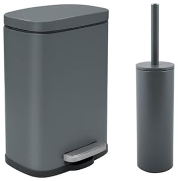 Spirella - Set Poubelle à Pédale + Brosse WC en Acier Akira - Fermeture Douce Easy-Close, Anti Trace de Doigts - 21,4 x 17,6 x 30 cm - 5L - Gris Foncé
