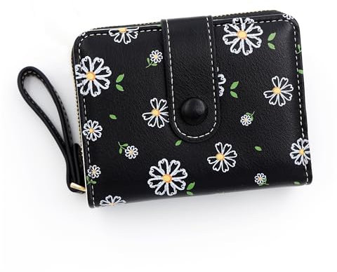 LZSXDWXY Damen-Geldbörse, modisch, niedliches Gänseblümchen-Motiv, mit Reißverschluss außen, Münzgeldbörse, Bifold Bill Wallet mit Kreditkartenfach, Ausweisfenster