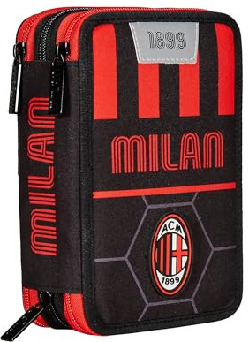 Seven AC Milan Federmäppchen, Federtasche für Schreibwaren, Etui komplett mit Bleistiften, Filzstiften, Schulmaterial, mit 3 Fächern, Schule - Grundschule, XXL Fußball rot schwarz