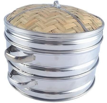 ANSNOW Vaporera de Bambú con Acero Inoxidable, Cesta de Vapor de Bambú de 2 Niveles, Vaporera de Comida China con Tapa, Cesta de Vapor, Cesta de Vapor, Olla Arrocera para Arroz, Verduras, Carne, Pes