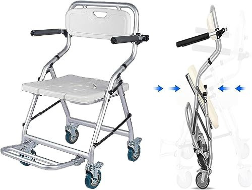 HPTHLY Duschstuhl mit Rädern, Badesitz für ältere Menschen und Behinderte, Toilettenstuhl, zusammenklappbar, 120 kg belastbar, Duschhocker mit Peda,