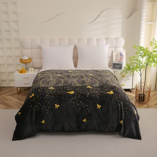 Kuscheldecke 220x200 cm Goldene Schmetterlinge Winterdecke flauschig warme Tagesdecke Wohnzimmer Deko Sofadecke Bettdecke