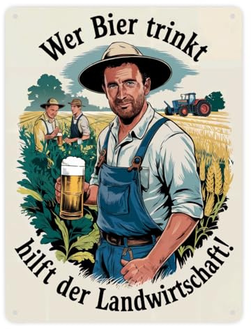 Wer Bier trinkt hilft der Landwirtschaft Metallschild XXL in 28x38 cm Retro-Illustration mit Bauer und Traktor auf dem Feld für Bierliebhaber und Landwirte