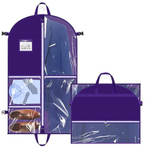 Hejo Kleidersack mit Fächern, Anzugtasche, 110×60cm Mehrfach-Taschen Faltbar Kleiderbeutel, Staubdichte Anzug Schutzhülle mit 5 Klare Taschen, Garment Bag für Anzug Mantel Jacke Kleid (Violett)