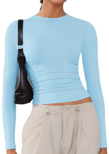 ARCFEETORY Women's Soft Long Sleeve Shirts Crew Neck Tops Basic Tees Stretchy Going Out Crop Tops Y2K Slim Fit T-Shirts Baby Blue S