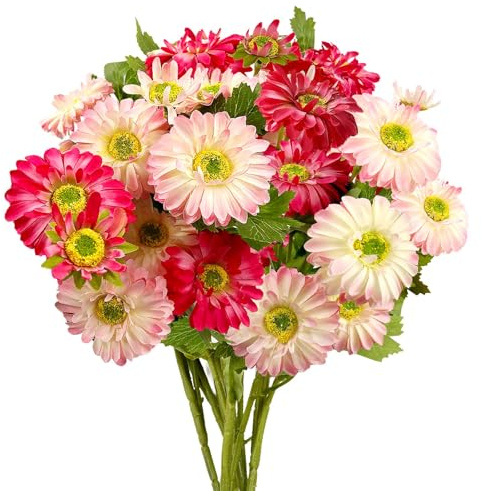Daily Treasures 30 Heads Artificial Gerbera Daisies - 2 Colors Faux Silk Flowers with Long Stem,Fake Pink Flowers for Indoor/Outdoor, Spring Summer Garden Decor Wedding Office Table (Pink & Rose Red)