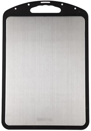 Tabla de cortar de acero inoxidable y paja de trigo de doble cara para cocina, restaurante, duradera, fácil de limpiar, mango de fácil agarre, ideal para carnes y verduras, 38 cm