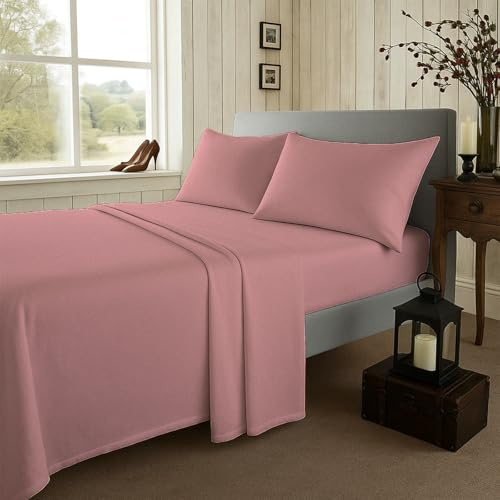 Lenzuolo di lusso, morbido e confortevole, in 100% flanella di cotone spazzolato, qualità premium, facile da pulire, biancheria da letto color crema (rosa, king size)